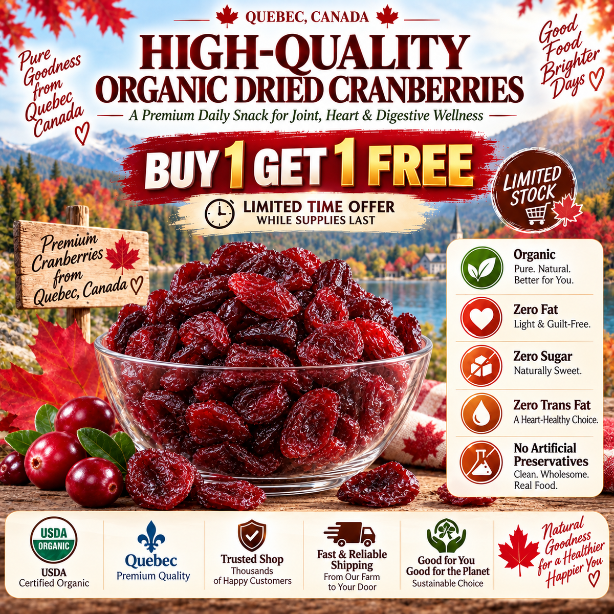 Premium Canadian Organic Wild Dried Cranberries – Antioxidant Superfood Snack 🇨🇦-Finds
